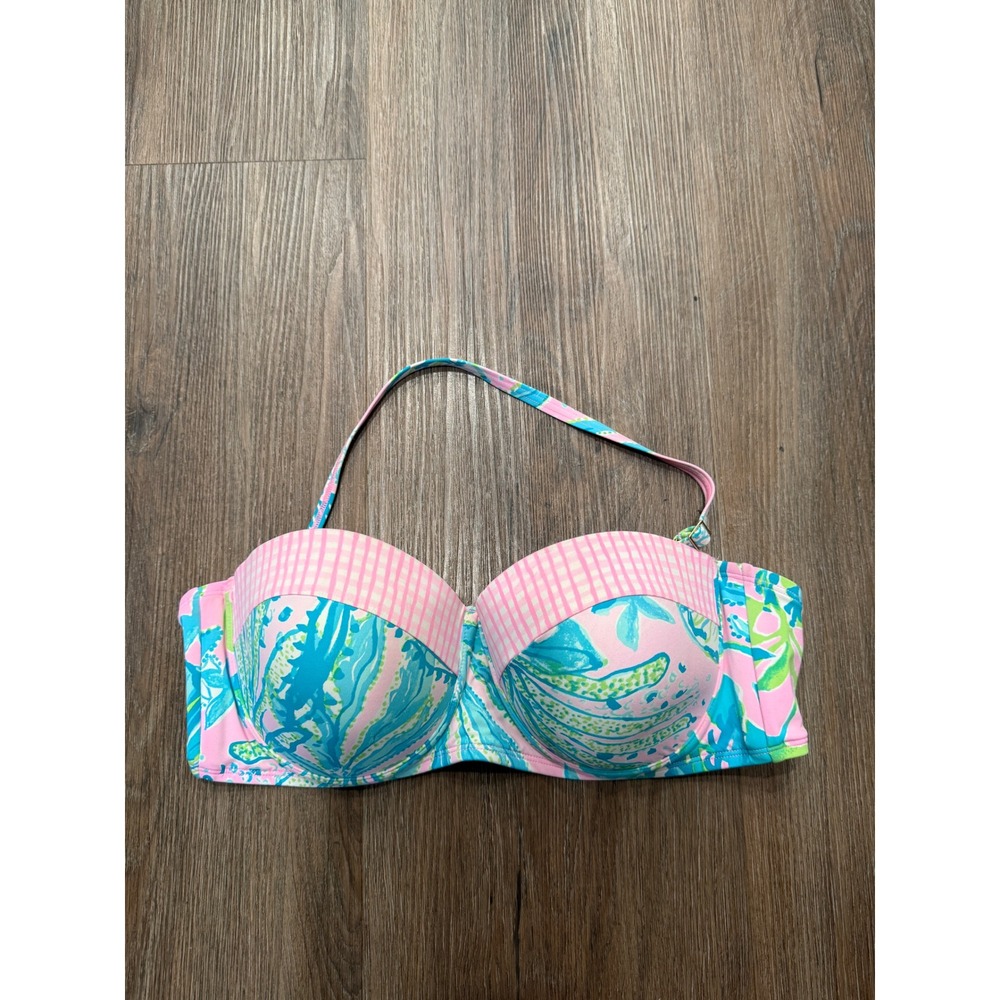 Lilly Pulitzer Pink Floral Gingham Underwire Bandeau Bikini Top Size 12
